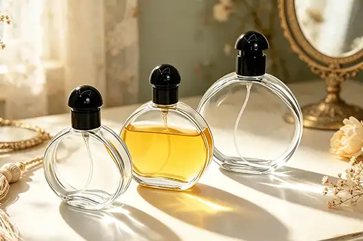 Where can I find round perfume bottles with biodegradable packaging?